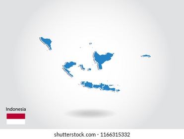 Indonesia map design with 3D style. Blue Indonesia map and National flag. Simple vector map with contour, shape, outline, on white.
