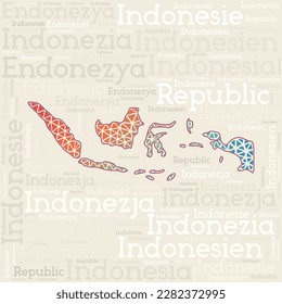 INDONESIA map design. Country names in different languages and map shape with geometric low poly triangles. Powerful vector illustration of Indonesia.