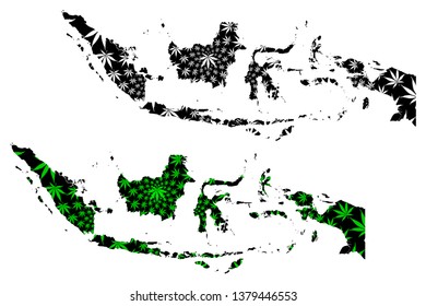 Indonesia - map is designed cannabis leaf green and black, Republic of Indonesia map made of marijuana (marihuana,THC) foliage,