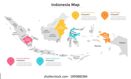 Indonesia map divided into federal states. Territory of country with regional borders. Indonesian administrative division. Infographic design template. Vector illustration for touristic guide, banner.