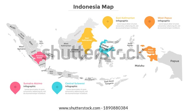 Indonesia map divided into federal states.
Territory of country with regional borders. Indonesian
administrative division. Infographic design template. Vector
illustration for touristic guide,
banner.