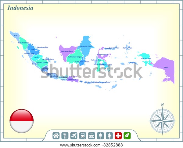 Indonesia Map with Flag Buttons and\
Assistance & Activates Icons Original\
Illustration