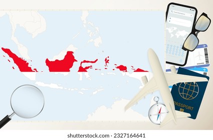 Indonesia map and flag, cargo plane on the detailed map of Indonesia with flag, passport, magnifying glass and airplane. Vector template.