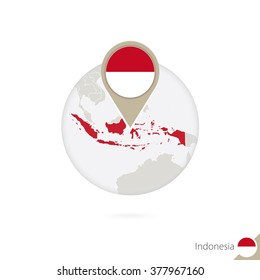 Indonesia map and flag in circle. Map of Indonesia, Indonesia flag pin. Map of Indonesia in the style of the globe. Vector Illustration.