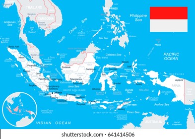 Mapa y bandera de Indonesia - Ilustración vectorial altamente detallada