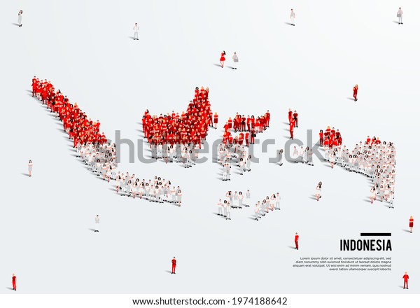 Indonesia Map and Flag. A large group of people in the Indonesian flag color form to create the 