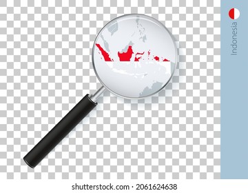 Indonesia map with flag in magnifying glass on transparent background. Vector loupe with map.