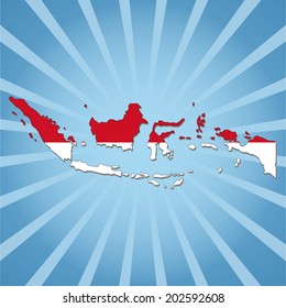 Indonesia map flag on blue sunburst illustration