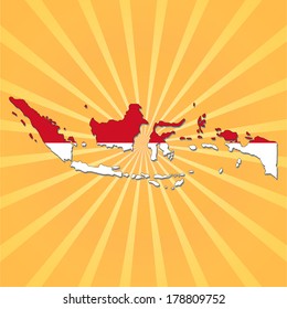 Indonesia map flag on sunburst vector illustration
