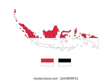 Indonesia map with flag overlays detailed archipelago map. Suitable for educational materials, travel brochures, and patriotic designs.