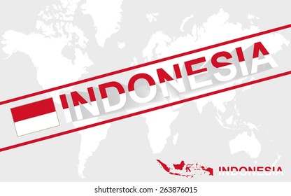 Indonesia map flag and text illustration, on world map
