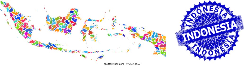 Indonesische Landkarte, flache Abbildung. Blot-Mosaik-Karte und korrodiertes Siegel für Indonesien. Sharp rosette blaue Stempelsiegel mit Bildunterschrift für Indonesien Karte.
