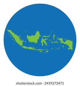 Indonesia map. Map of Indonesia in green color in globe design with blue circle color.