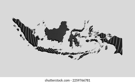 Mapa de Indonesia de líneas grises sobre el efecto de la onda de radio de fondo. Plantilla de país de Asia para patrones, diseño, ilustración o infografía. Concepto digital con señal de internet del mapa vectorial de Indonesia