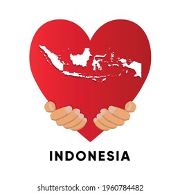 Indonesia Map in heart shape hold by hands vector illustration design
