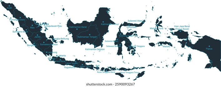 Indonesia map high detailed with administrative divide by state, capital cities names, outline simplicity style. Vector illustration EPS10.