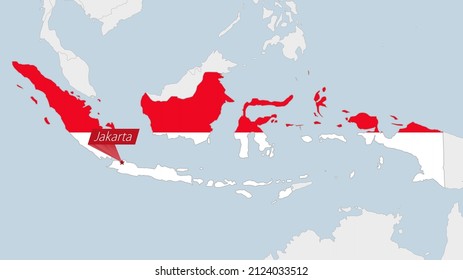 Mapa de Indonesia resaltado en los colores de la bandera de Indonesia y pin de la capital del país, Yakarta, mapa con los países vecinos de Asia.