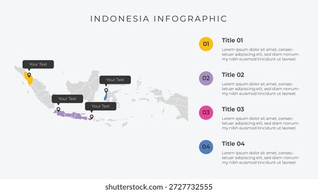 Indonesien Karte Infografik Vorlage mit 4 Optionen. Indonesien Verwaltungskarte Infografik für die Präsentation.