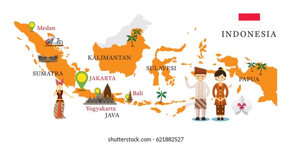 Indonesia Map and Landmarks with People in Traditional Clothing, Culture, Travel and Tourist Attraction
