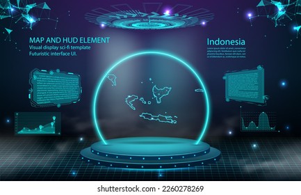 fondo del efecto de conexión de la luz del mapa de indonesia. interfaz de usuario de tecnología digital abstracta, GUI, interfaz virtual HUD futurista con mapa de indonesia. Estadio futurista podio en niebla.