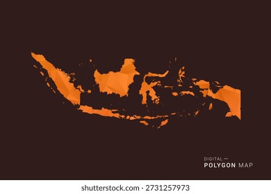 Mapa de Indonesia - bajo Vector de polígono polivinílico, silueta triangulada geométrica en tonos naranja y marrón oscuro, estilo infográfico moderno limpio, fondo aislado.