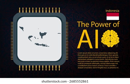 Mapa da Indonésia com guerra de microchips e conceito de IA na placa de circuito, Poder da IA com mapa do país. Conectividade global com big data. Design para planos de fundo de IU ou projetos FinTech.