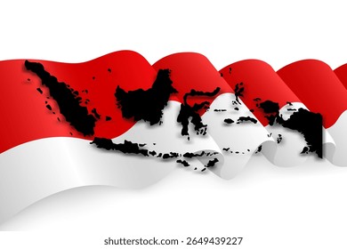 Indonesia Map on Waving Red and White Flag Background