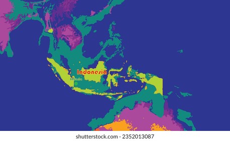 Indonesia map on the world background. The country is a South East Asian member, known for its java volcanoes and Muslim population. There is a 3D pushpin showing previous capital city of Jakarta. 