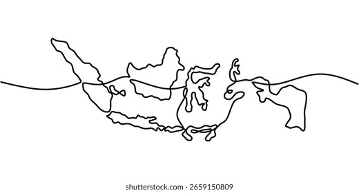 Indonesia map outline in one line drawing style. Illustration concept symbolizing geography, travel, and national identity. Hand drawn minimalist vector illustration.