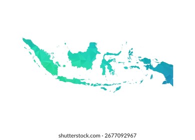 Indonesia Map - Polygon Style Vector Illustration in Green and Blue Gradient, Low Poly Geometric Design, Isolated on White Background, Perfect for Infographics and Learning Use.