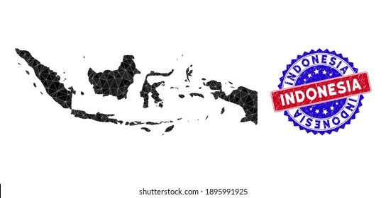Indonesia map polygonal mesh with filled triangles, and textured bicolor stamp seal. Triangle mosaic Indonesia map with mesh vector model, triangles have randomized sizes, and positions,