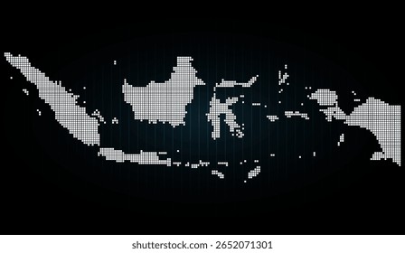 Mapa da Indonésia apresentado em quadrados brancos com um efeito luminoso sutil sobre um fundo escuro, ilustrando uma representação digital da geografia do país