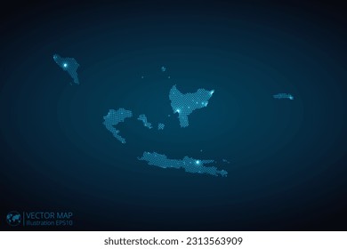 Indonesia mapea el patrón de puntos radiales en estilo futurista, diseña el contorno brillante del círculo azul hecho de estrellas. concepto de comunicación sobre fondo azul oscuro. EPS10 vectores