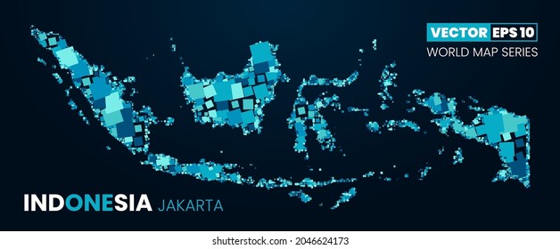 Indonesia Map with random pixels art style and blue color on black background. Blue Indonesia Map Vector Illustration