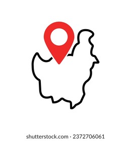 indonesia map with red pin like travel icon. concept of indonesian border or badge of geography geoloc or trip locator. flat monoline trend modern logotype graphic lineart design element isolated on w