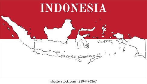 INDONESIA MAP WITH RED AND WHITE BACKGROUND, ACCORDING TO THE COLOR OF THE INDONESIAN FLAG. WITH DESCRIPTION OF THE WRITING "INDONESIA".