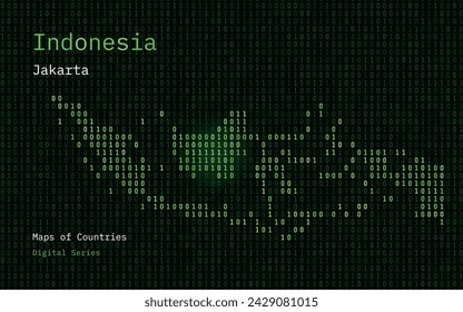 Indonesia Map Shown in Binary Code Pattern. Matrix numbers, zero, one. World Countries Vector Maps. Digital Series	