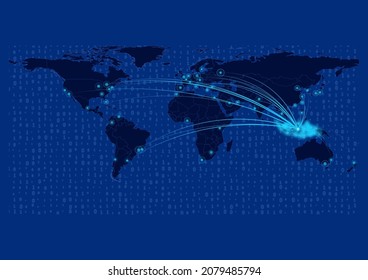 Indonesia map for technology or innovation or export concepts. Connections of the country to major cities around the world. File is suitable for digital editing and prints of all sizes.