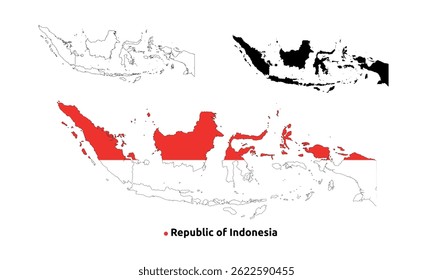 Vector de Mapa de Indonesia - Country Outline, Flag Inside Map, Blank and Silhouette Version