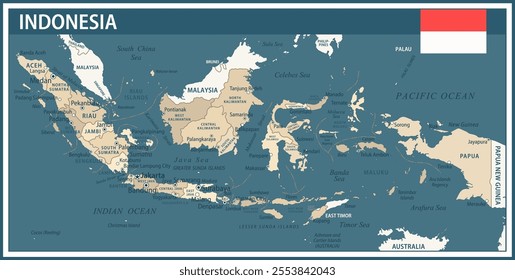 Indonesia Map Vector Vintage Dark Blue Beige - Customizable layered political map of Indonesia with administrative divisions for website, education, reports, news, politics, print, poster and wallpape