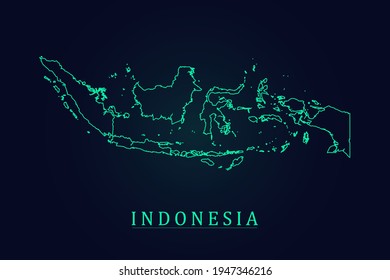 Mapa de Indonesia - Mapa Mundial Plantilla vectorial internacional con un contorno verde delgado o un bosquejo gráfico estilo y color verde aislado en el fondo oscuro - Ilustraciones vectoriales 10