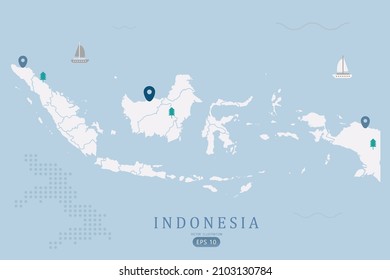 Mapa de Indonesia - Mapa mundial de la plantilla de vector internacional Alto detalle con color blanco aislado en fondo azul incluyendo punto de ubicación simple, árbol, icono del barco - Ilustración vectorial eps 10