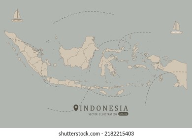 Indonesia Map - World Map International vector template High detailed with brown color isolated on grey background including simple point of location, wind, boat icon - Vector illustration eps 10