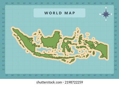 Indonesia Map - World Map International vector template High detailed with green and cream color isolated on blue background including Compass Rose icon - Vector illustration eps 10