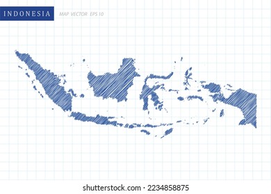 Indonesia Map - World Map International vector template with blue outline graphic and pen drawing sketch style isolated on white grid background for design, website - Vector illustration eps 10