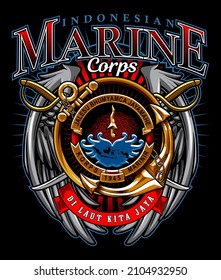 Indonesia Marine Logo With Sword And Wings, T-shirt Design, Army, Corps, War, Indonesia, Clothing, Vector Templates