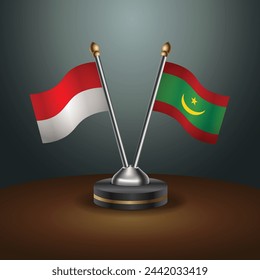 Indonesia and Mauritania table flags relation with gradient backgrund. Vector Illustration