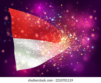Indonesia, Mónaco, pabellón vectorial 3d sobre fondo morado rosa con iluminación y bengalas