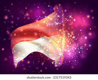 Indonesien, Monaco, Vektor 3D-Flagge auf rosafarbenem violettem Hintergrund mit Beleuchtung und Aromen