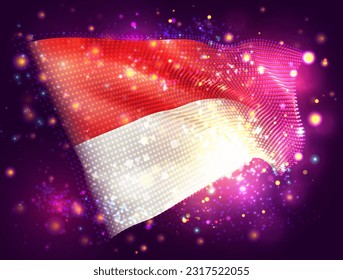 Indonesia, Mónaco, pabellón vectorial 3d sobre fondo morado rosa con iluminación y bengalas